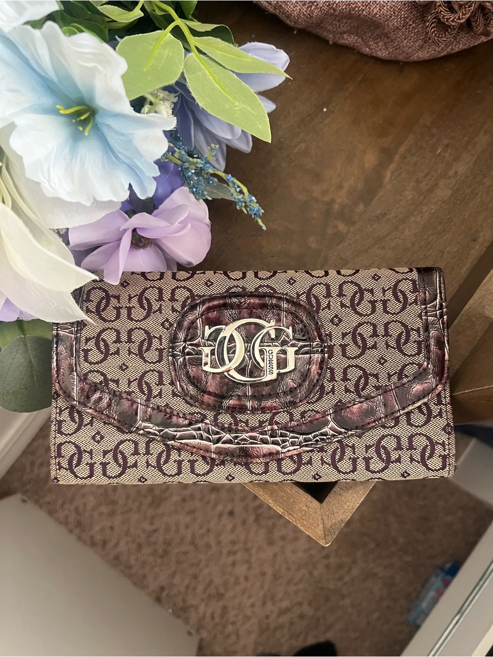 Guess Y2K Vintage Monogram Clutch Wallet in Brown and Plum